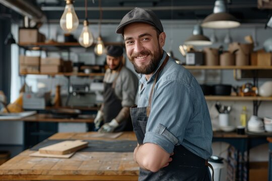Two professional janitors from commercial cleaning service sanitizing office premises with smiles