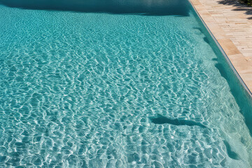 Crystal water in the pool on a sunny day in slow motion. Beautiful transparent clear calm water surface texture with splashes and waves in slow motion