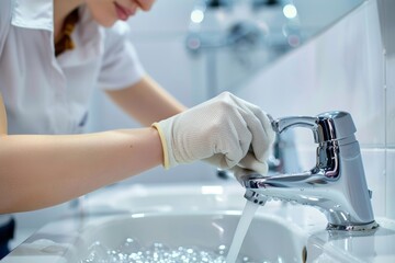 Female maintenance worker cleaning bathroom faucet using sponge and spray bottle - obrazy, fototapety, plakaty