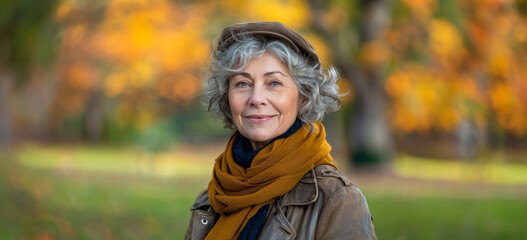 Senior woman with autumn style smiling in park