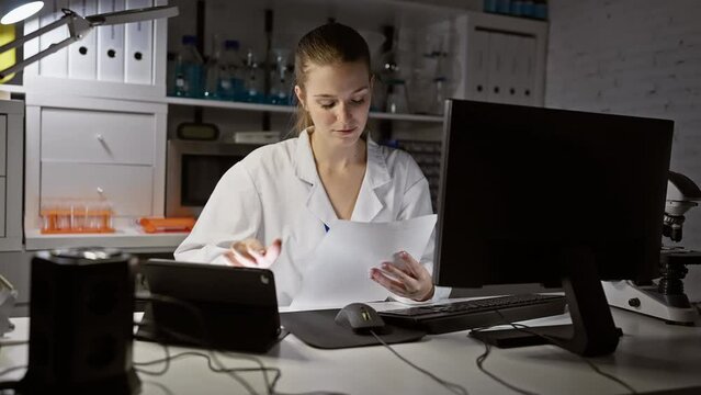 A focused woman scientist in a laboratory analyzes data paperwork and uses a computer indoors.