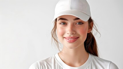 Smiling Young Woman in White Cap and T-Shirt. Casual and Friendly Look. Perfect for Lifestyle Blogs and Advertisements. AI