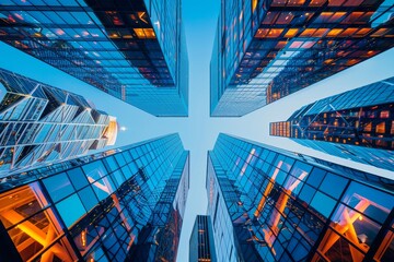 From below of entrance of office building next to contemporary high rise structures with glass mirrored walls and illuminated lights in calgary city against cloudless blue sky - obrazy, fototapety, plakaty