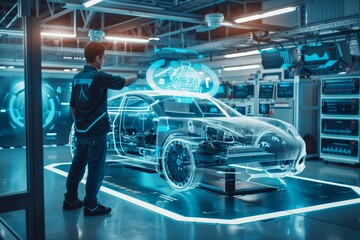Automotive engineer using advanced technology at futuristic assembly line for car manufacturing