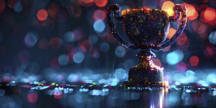 The trophy, a digital ode to triumph in tech and business realms, symbolizes success through abstract design.