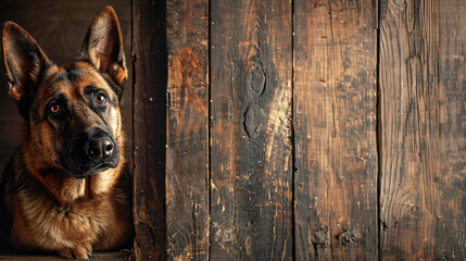 german shepherd peeks from behind a shabby wooden corner, against a solid background with copy space