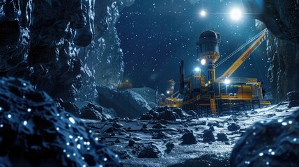 A secretive oil extraction site on an asteroid, with machinery glowing in stark contrast against the backdrop of space, 3D illustration