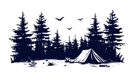 Camping in nature, Tent, Forests, Hand drawn style, vector illustrations	
