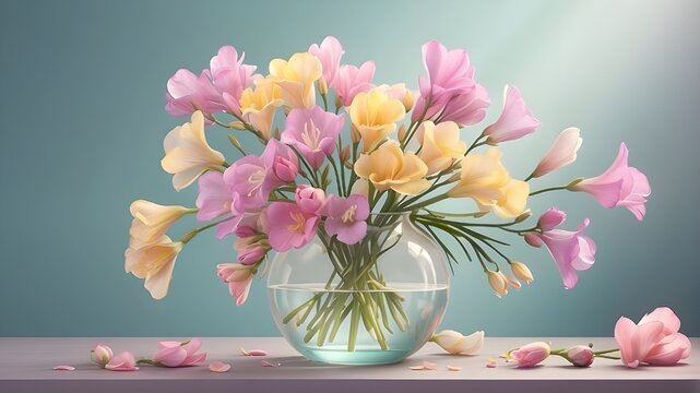 "Digital illustration showcasing a vase of freesia flowers against a background with space for text, using a soft and dreamy art style to emphasize the elegance and fragrance of the blooms, inspired b