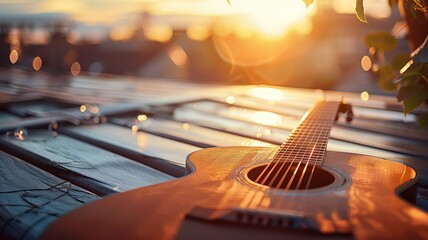 Acoustic guitar on a rooftop at sunset. - obrazy, fototapety, plakaty