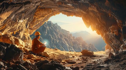 banner background National Geologist Day theme, and wide copy space, A charming scene of a geologist discovering a sparkling gemstone in a cave, with a sense of wonder on their face, 