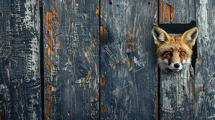fox peeks from behind a shabby wooden corner, against a solid background with copy space