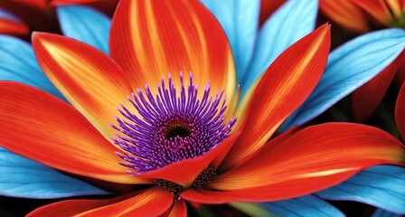 A close-up view of a brightly colored flower with a yellow center and red petals. - obrazy, fototapety, plakaty