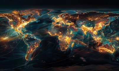 Visualize the Global Export Network, Dynamic trade connections across continents, featuring maps, shipping routes, ports, and diverse commodities - obrazy, fototapety, plakaty