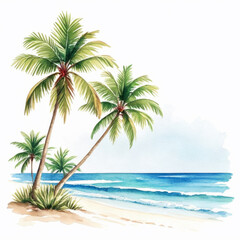 Palm trees on the beach. Hand drawn watercolor illustration.