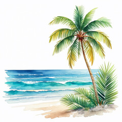 Fototapeta na wymiar Palm trees on the beach. Hand drawn watercolor illustration.