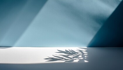 Fondo de color blanco y pared de color azul con sombras, recurso gráfico para presentación de productos - obrazy, fototapety, plakaty