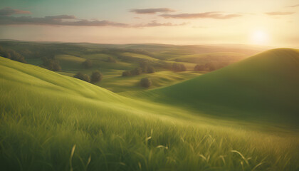 Soft sunlight spills over the undulating hills, casting a peaceful glow on the lush, green landscape.