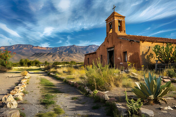 Charming Adobe Church in Scenic Desert: A Glimpse into New Mexico's Historic Landmarks - obrazy, fototapety, plakaty