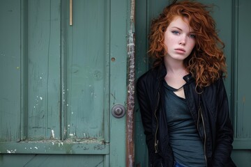 Obraz na płótnie Canvas Young unemotional female model with curly red hair wearing black jacket and jeans, leaning against green door while looking at the camera