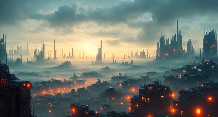 A futuristic cityscape with tall buildings and a sun setting in the background. - obrazy, fototapety, plakaty