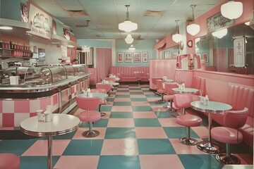 Fototapeta na wymiar 1950s diner advertisement, with checkered floors, jukeboxes, and classic milkshakes in pastel colors