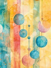 Handdrawn, closeup of a whimsical wind chime, painted in soft pastel watercolors, highlighting its melodious charm