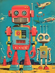 Retro robot toy advertisement, with colorful, mechanical creatures in playful, midcentury illustrations
