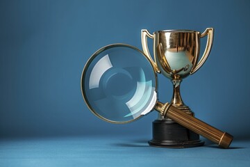 Minimalist design of a magnifying glass focusing on a trophy, concept of dedication to finding business success.