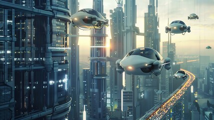 Scifi cityscape with cybersecure flying cars, blending future transport with safety - obrazy, fototapety, plakaty
