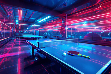 Vibrant anime table tennis in a spaceship, paddles emit light trails, ball bounces on tables made of star glass - obrazy, fototapety, plakaty