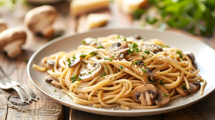 A plate of pasta with mushrooms and parsley on top