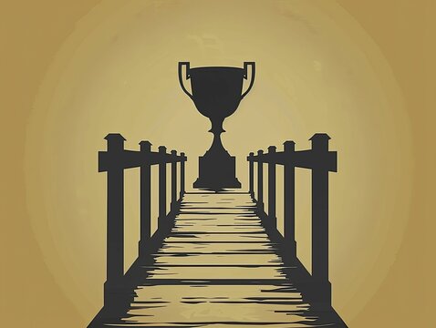Minimalist silhouette of a bridge leading to a trophy, metaphor for connection and achievement in business.