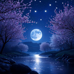 cherry blossom and full moon in the night sky with stars