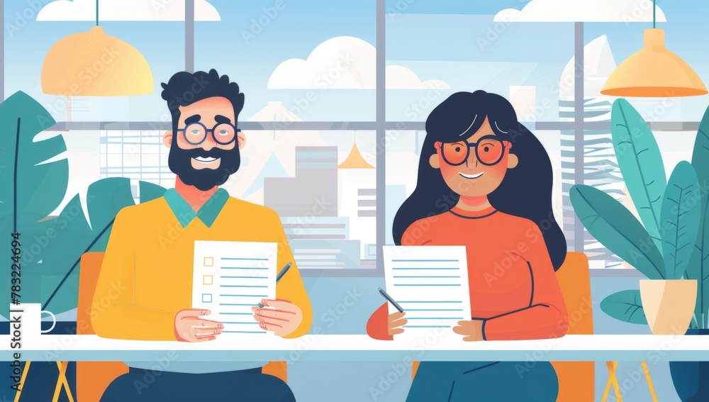 Poster two people sitting at the table, with one person holding documents and looking into camera while ano