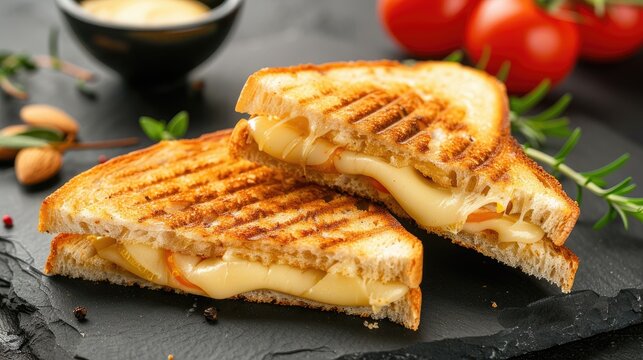 Grilled and pressed toast with smoked ham, cheese served on wooden cutting board
