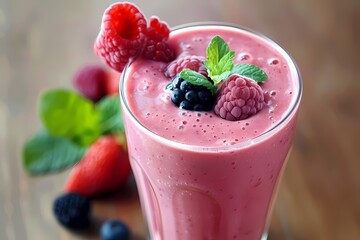 A glass of pink smoothie with berries and mint leaves on the side, a fresh fruit drink for summer....