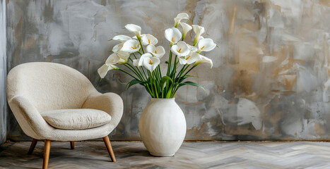 Elegant calla lilies in white vase against abstract background