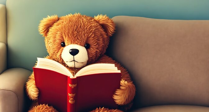 A teddy bear reading a book on a couch.