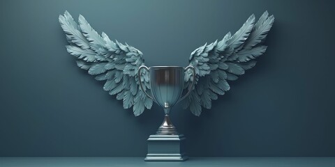 An elegant depiction of sleek wings lifting a trophy symbolizes the entrepreneurial journey towards triumph in the corporate world. - obrazy, fototapety, plakaty
