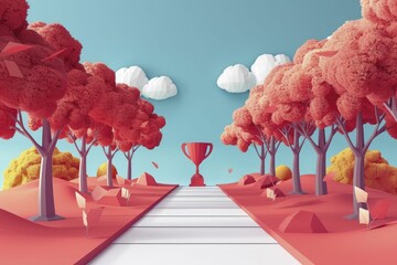 Stylized minimalist pathway leading to a distant trophy, metaphor for the journey to success in business. - obrazy, fototapety, plakaty