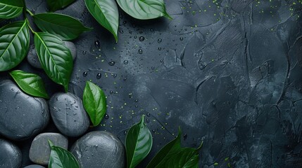 Black spa setting, hot stones and beautiful leaves. Spa and wellness background with stack of hot...
