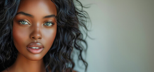 Naklejka premium Young woman with natural curls and soft makeup in neutral setting