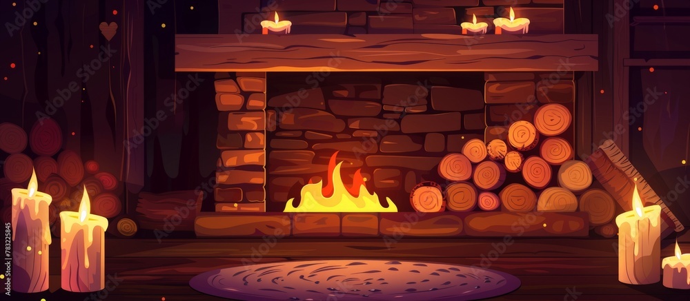 Poster room engulfed in darkness featuring a fireplace with burning logs and flickering candles creating a 