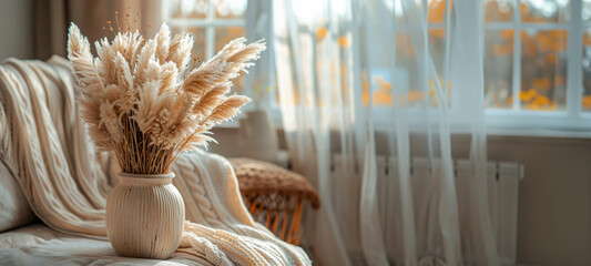 Bohemian pampas grass decor in sunlit cozy room