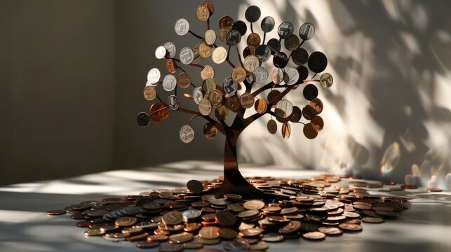 concept of money investment, savings, growth, business. A money tree with golden coin leaves falling down