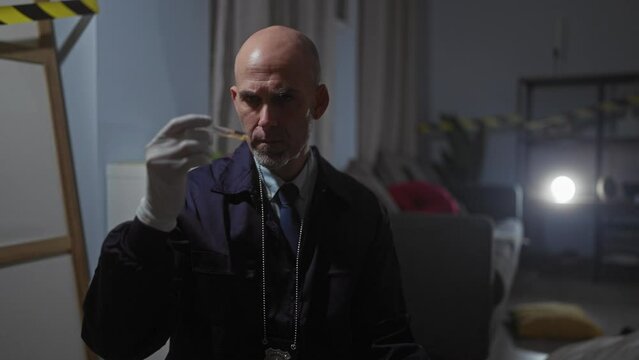 Detective examines evidence at crime scene, lighting a forensic house investigation with man in focus.