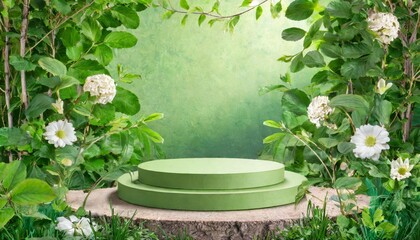 Podio para presentación de productos de color verde con plantas, fondo verde, tonos verde