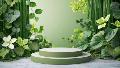 Podio para presentación de productos de color verde con plantas, fondo verde, tonos verde