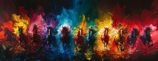 Abstract oil painting with gold, horses, wall art, modern art, paint spots, paint strokes, knife painting. Large stroke oil painting. Mural, art wall. - obrazy, fototapety, plakaty